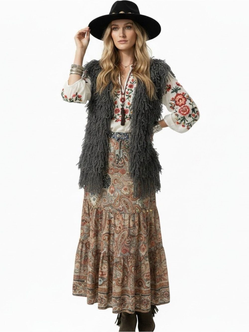 Charcoal Gray Shaggy Crochet Fringe Vest NWT Festival